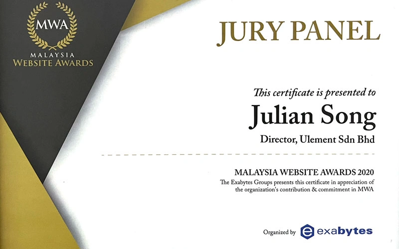 Julian Song serving on the Jury Panel for the Malaysia Website Awards 2020, organised by Exabytes
